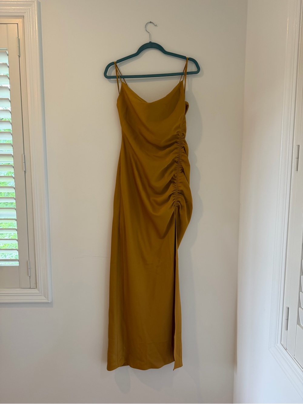 BHLDN Jennings Maxi Dress in Mustard, Ruched Maxi Slip Dress with Side Slit